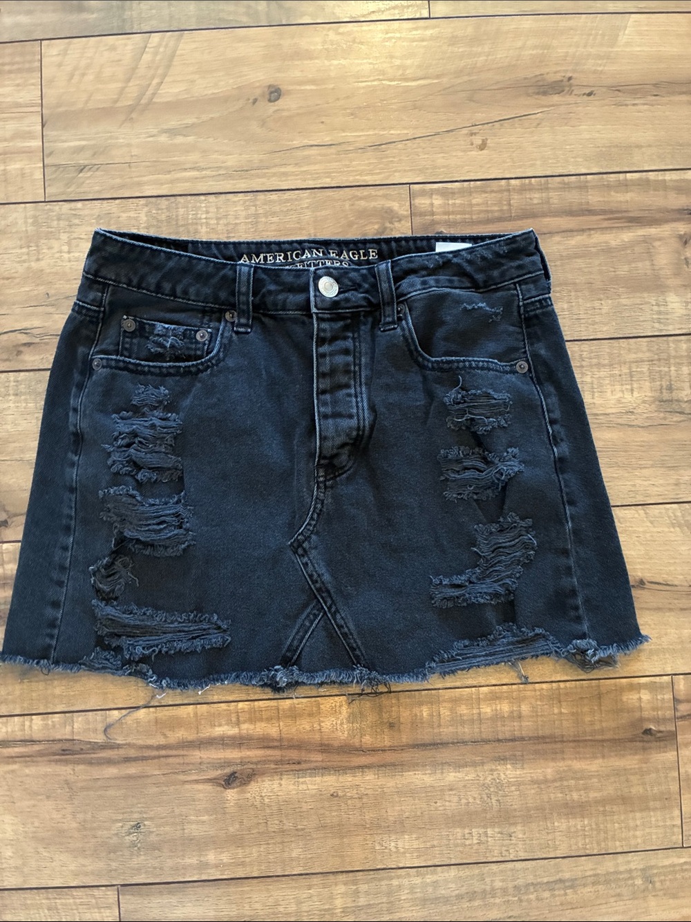 American Eagle Outfitters Black Distressed Denim Mini Skirt with Frayed Hem